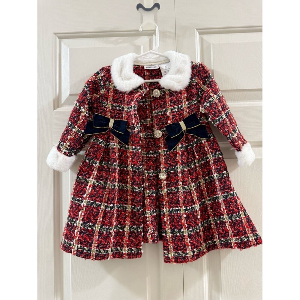 Blueberi Boulevard Red Plaid Tweed Dress Faux Fur Collar Bows 2T Holiday - Picture 6 of 11